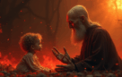 Na imagem, a retratação do “Paulo calvinista” explicando ao bebê porque ele é pecador e culpado do pecado de outra pessoa e que, por isso, ele vai para o inferno.