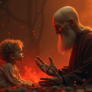 Na imagem, a retratação do “Paulo calvinista” explicando ao bebê porque ele é pecador e culpado do pecado de outra pessoa e que, por isso, ele vai para o inferno.