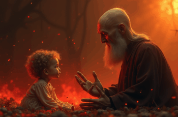 Na imagem, a retração do “Paulo calvinista” explicando ao bebê porque ele é pecador e culpado do pecado de outra pessoa e que, por isso, ele vai para o inferno.