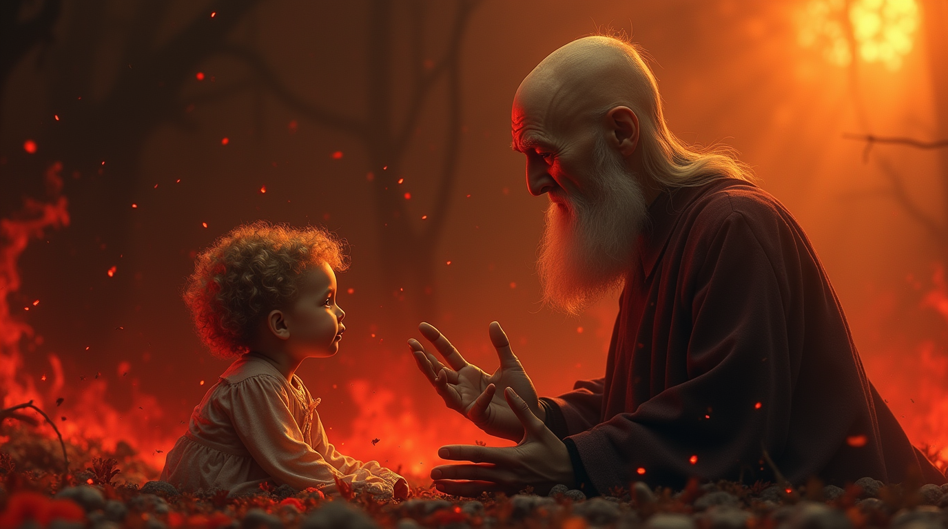 Na imagem, a retração do “Paulo calvinista” explicando ao bebê porque ele é pecador e culpado do pecado de outra pessoa e que, por isso, ele vai para o inferno.